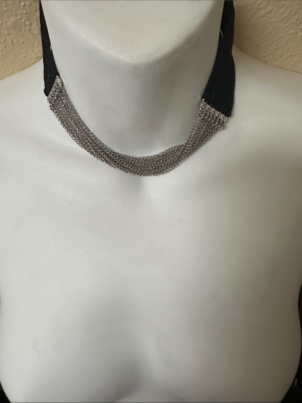 Guess by Marciano Silver-Tone Multi-Chain Necklace with Black Ribbon